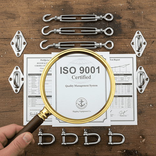 A magnifying glass over a quality certificate and rigging hardware